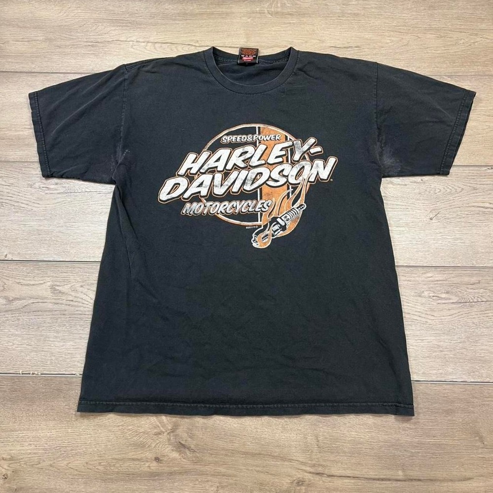 Harley Davidson T-Shirt Mens Large Black Speed Power Spark Plug Manns Indiana
